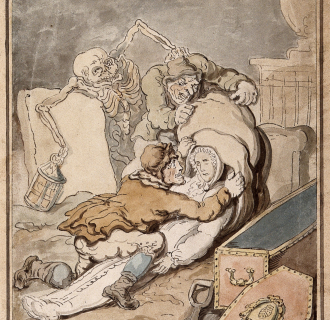 An image of grave robbers from 1755, with a skeleton watching.