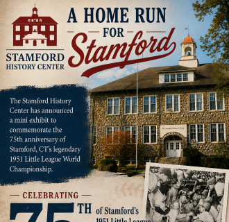 Little League flyer with baseball team photos and SHC building