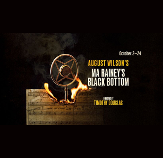 Show poster featuring a 1920s-style microphone with a square-shaped wire grille, positioned over burning sheets of music.