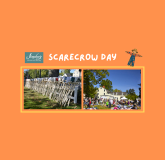 Simsbury Historical Society Scarecrow Day 2026 image showing scarecrow frames and visitors.
