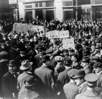 Historical photo from 1914 of the International Workers of the World publicly demonstrating