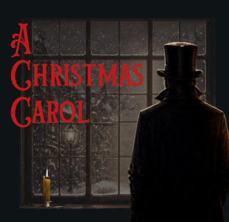 A man in a top hat staring our a window at the snow.