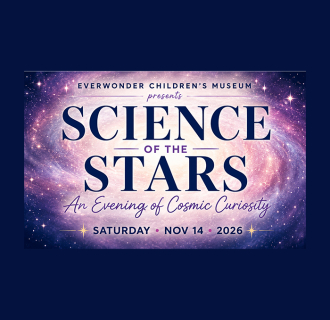 Swirling galaxies & stars around the text. presenting EverWonder's The Science of the Stars on Saturday, November 14th 2026.
