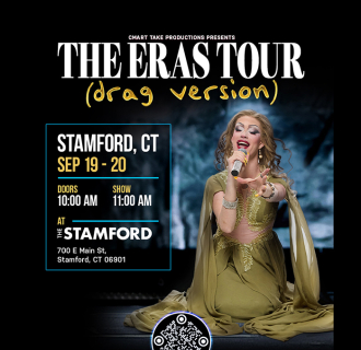 Poster advertising The Eras Tour (Drag Version) shows in Stamford, CT on 9/19 and 9/20 with image of a drag queen