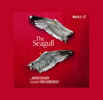 The Seagull red background, two severed gray-and-white seagull wings cross the image, pinned with a yellow-headed pin. 