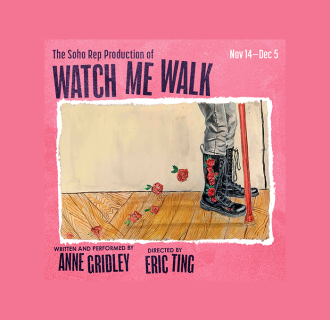 Watch Me Walk - The artwork shows a person in black platform boots standing on a wooden floor beside a red cane, with roses