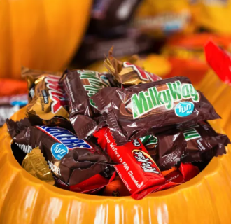 Classic halloween candy shown in a ceramic pumpkin 