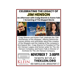 A flyer with the photos of Craig Shemin and Karen Falk along with the cover of The Muppets Movie