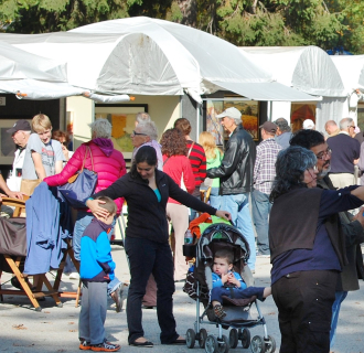 People milling about at an arts festival with tents in background.