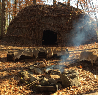 Reproduction thatched Longhouse with fire ring in foreground