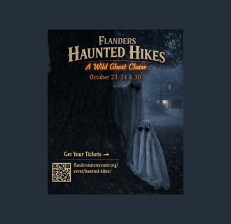 The image contains a house in the background and some spooky ghosts