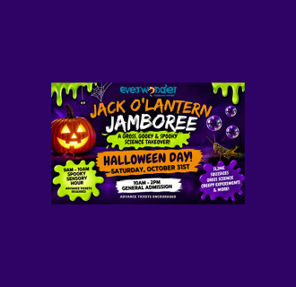 Promotional graphic for the Jack O'Lantern Jamboree at EverWonder Children's Museum. Saturday, Oct 31, from 10:00 AM–2:00 PM