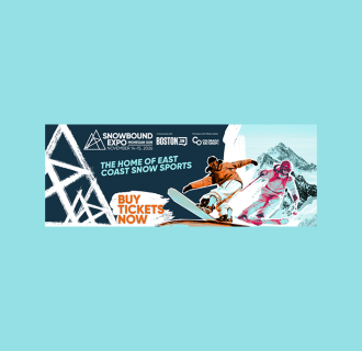 two snowboarders and skiers on a mountain with snowbound logo