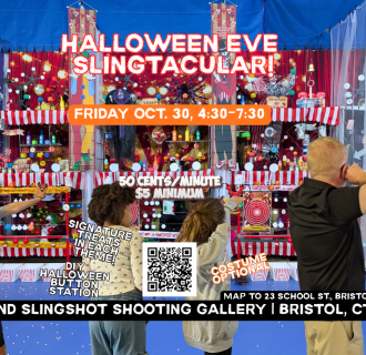 Kids and adult play slingshot in Haunted Carnival theme at Fork Plus Band in Bristol, Connecticut