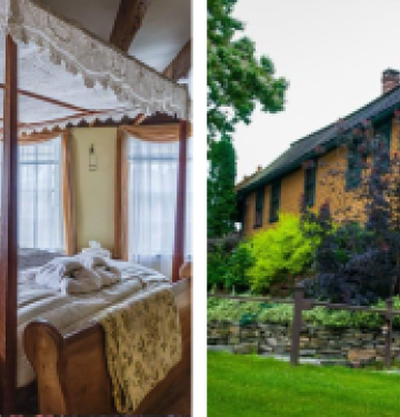 Cozy bedroom with canopy bed and yellow historic house exterior