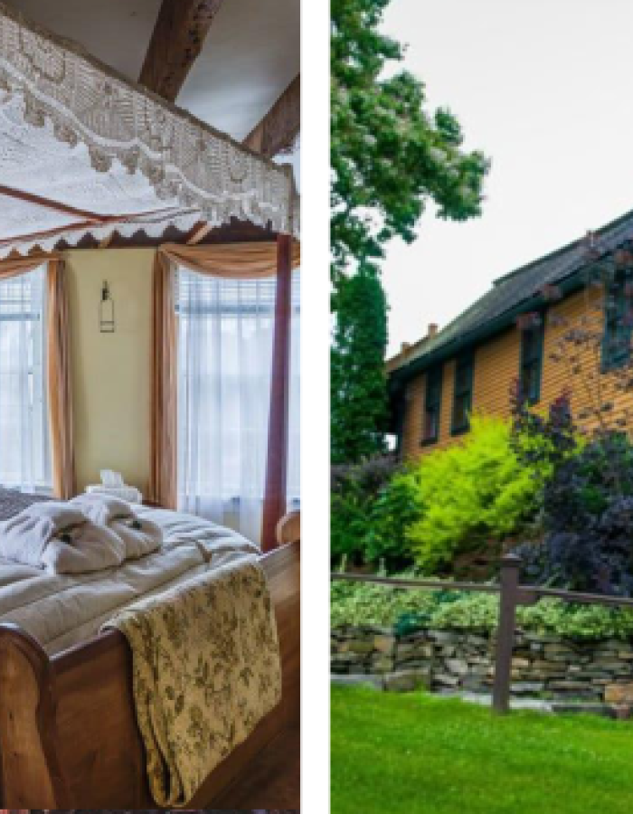 Cozy bedroom with canopy bed and yellow historic house exterior