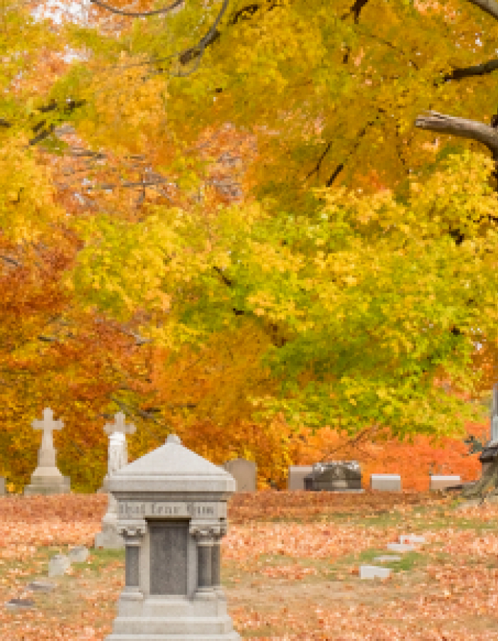 Autumn cemetery with tombstones and colorful fall foliage