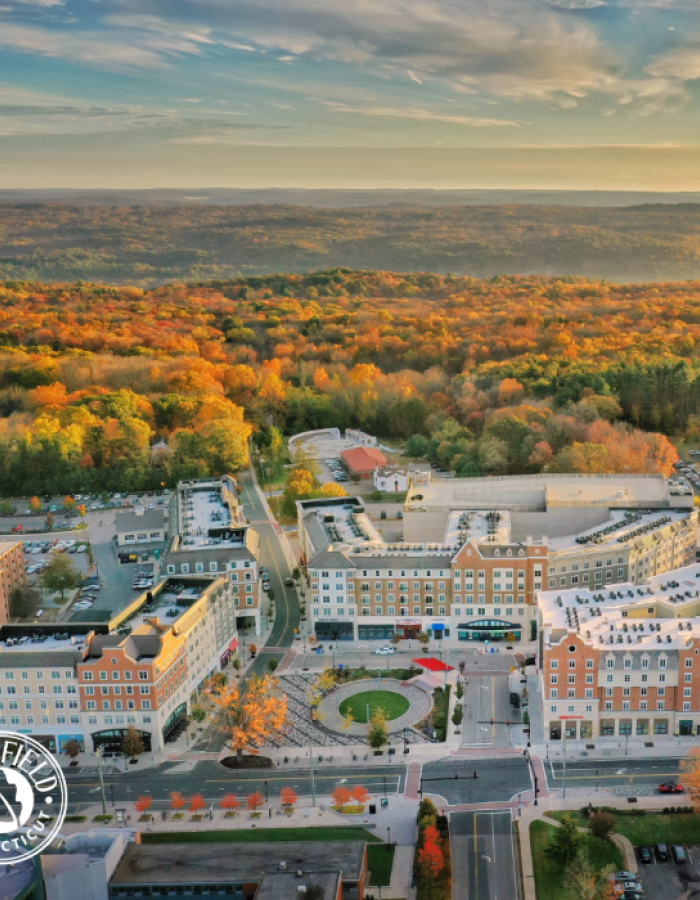 An aerial view of a downtown neighborhood with rolling hills emblazoned in fall colors in the distance