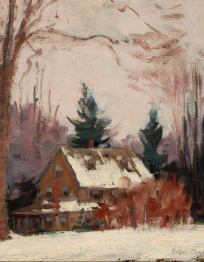 painting of wooden house surrounded by trees. 