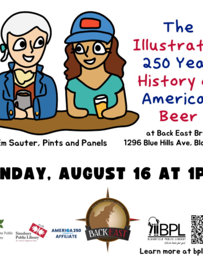 cartoon of woman drinking beer with a Founding Father