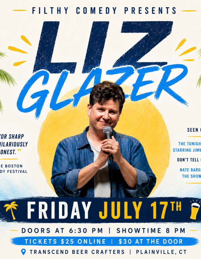 comedy flyer for liz glazer at transcend beer crafters on july 17th at 8 pm