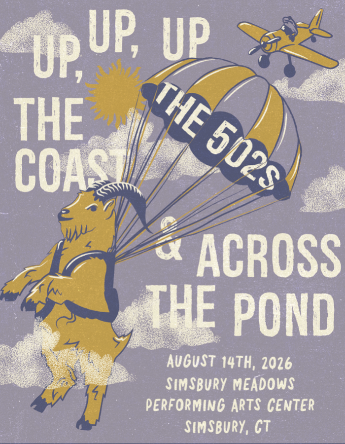 A goat wearing a parachute among the clouds on a light purple background with the words "Up, Up, Up the Coast & Across the Pond"