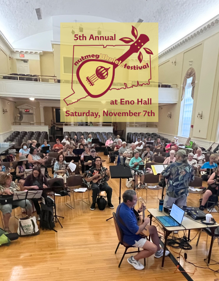 Nutmeg Ukulele Festival over an image of a past Nutmeg Ukulele Festival workshop