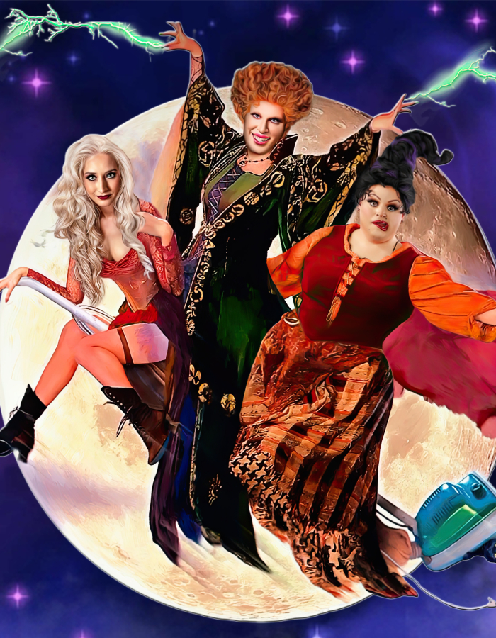 Three witches posing in front of the moon with purple fog around them