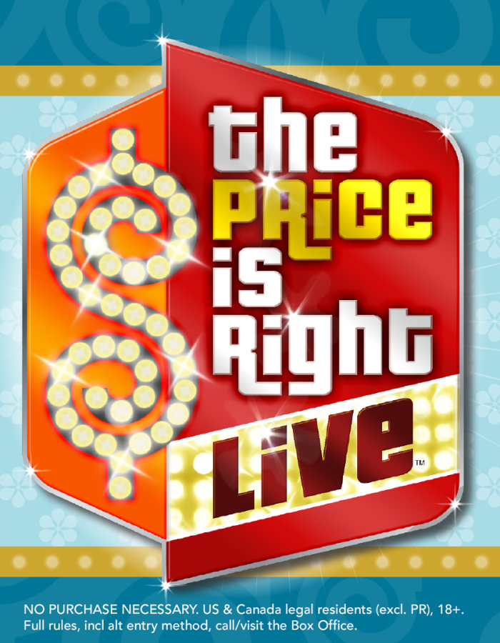 Blue poster with gold emblem that reads "the price is right live"