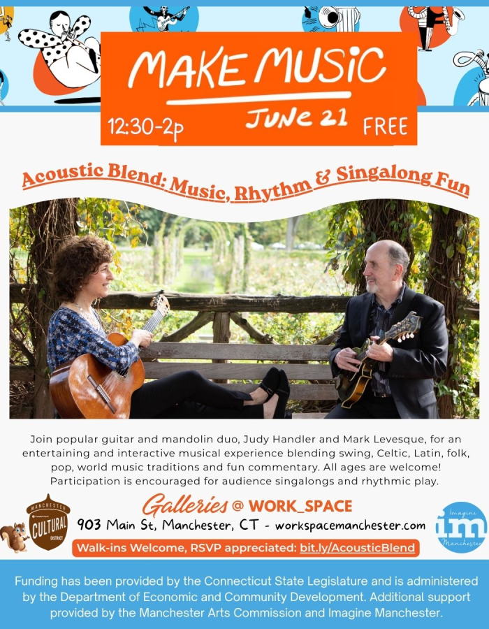 Two people on a bench playing guitar & mandolin