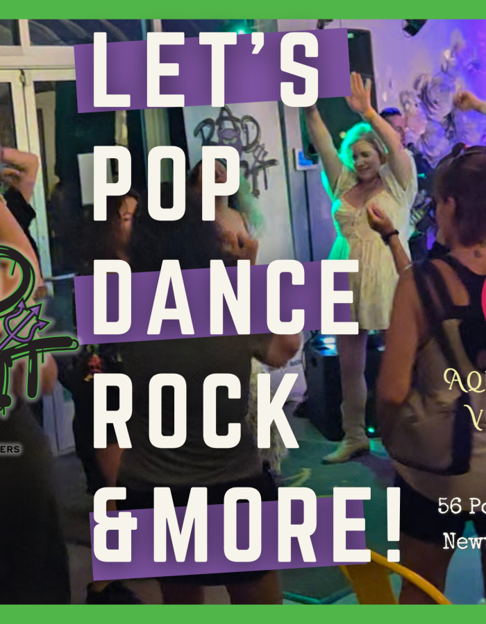 Bad Habit Party Band at Aquila's Nest Vineyards in Sandy Hook - The image shows  patrons dancing at the venue when the band performed there last year, and the venue's and band's logos. The text reads "Let's Pop, Dance, Rock & More!