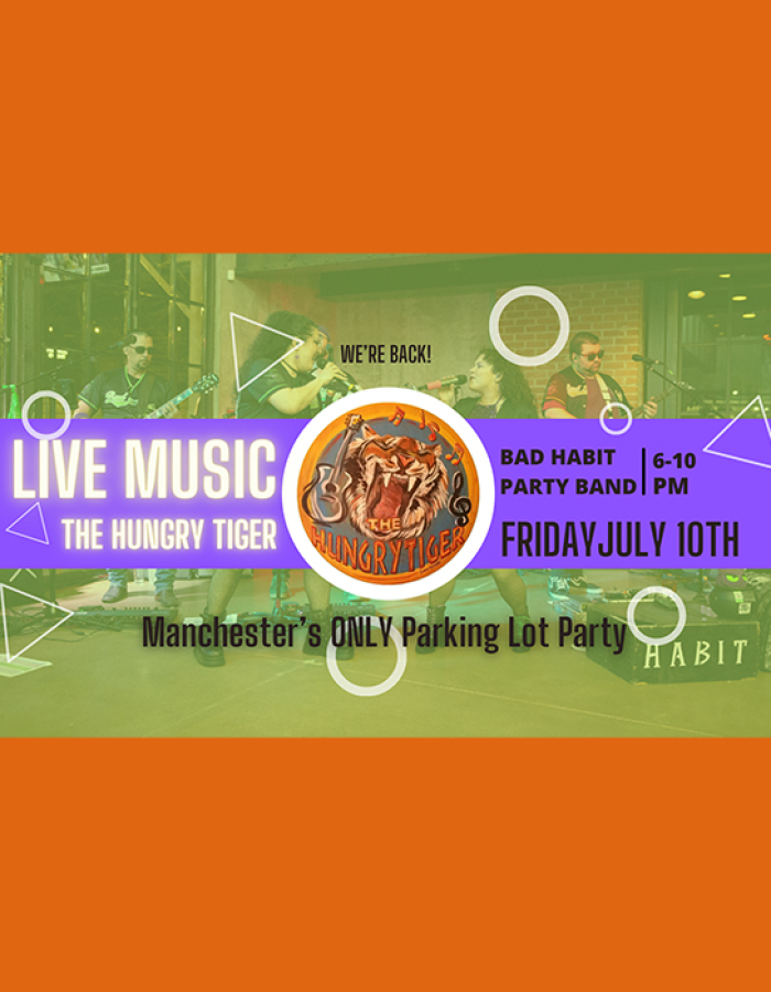 Bad Habit Party Band at The Hungry Tiger - Overlay details the event time and location, with the band in the background