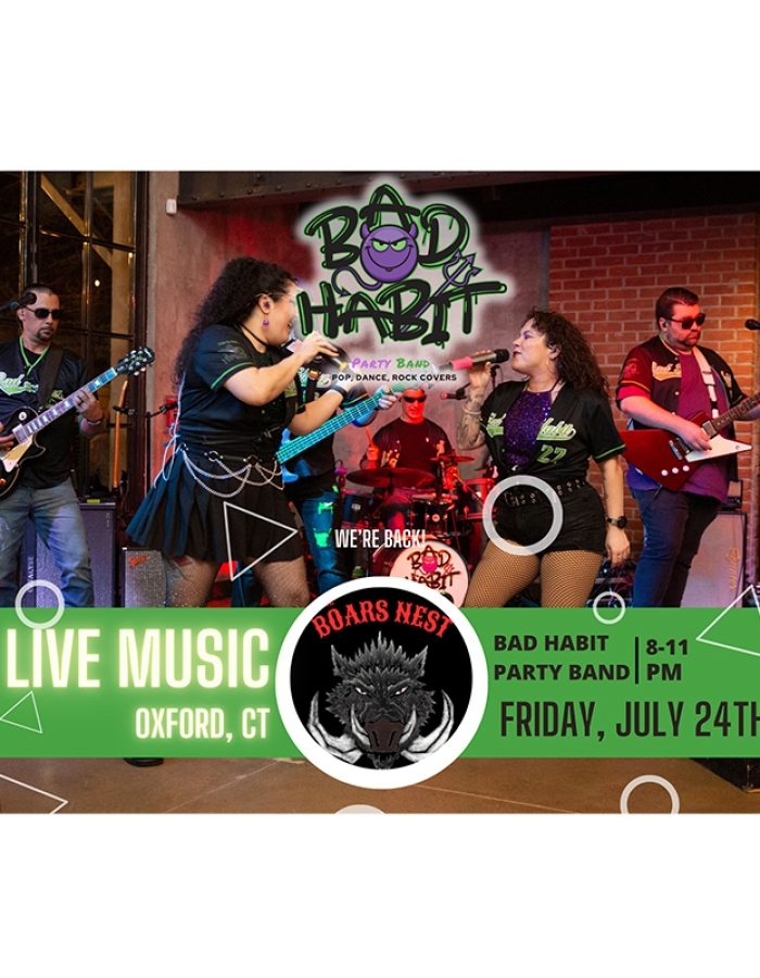 The image shows 5 of the 6 band members on a purple background with the band's name overlay, and the venue's logo up front. 