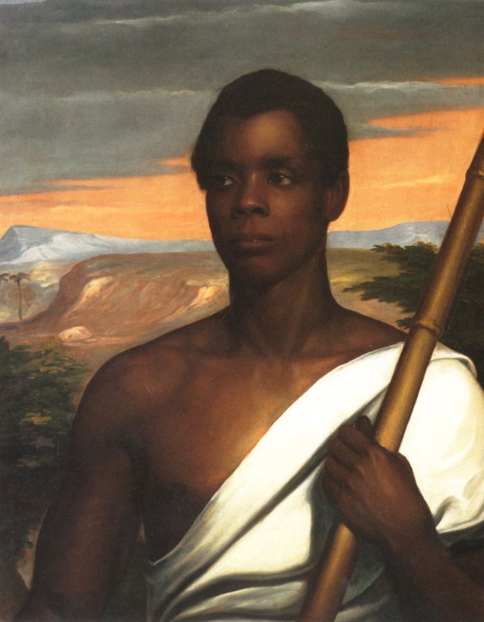 Portrait painting of Joseph Cinqué holding a staff, with a landscape and sunset sky in the background.