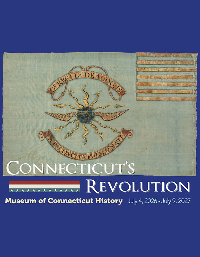 Connecticut's Revolution exhibit logo featuring an image of a blue flag used by the Second Regiment Light Dragoons. 