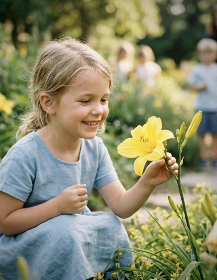A young girl smiling while looking at a Daylily