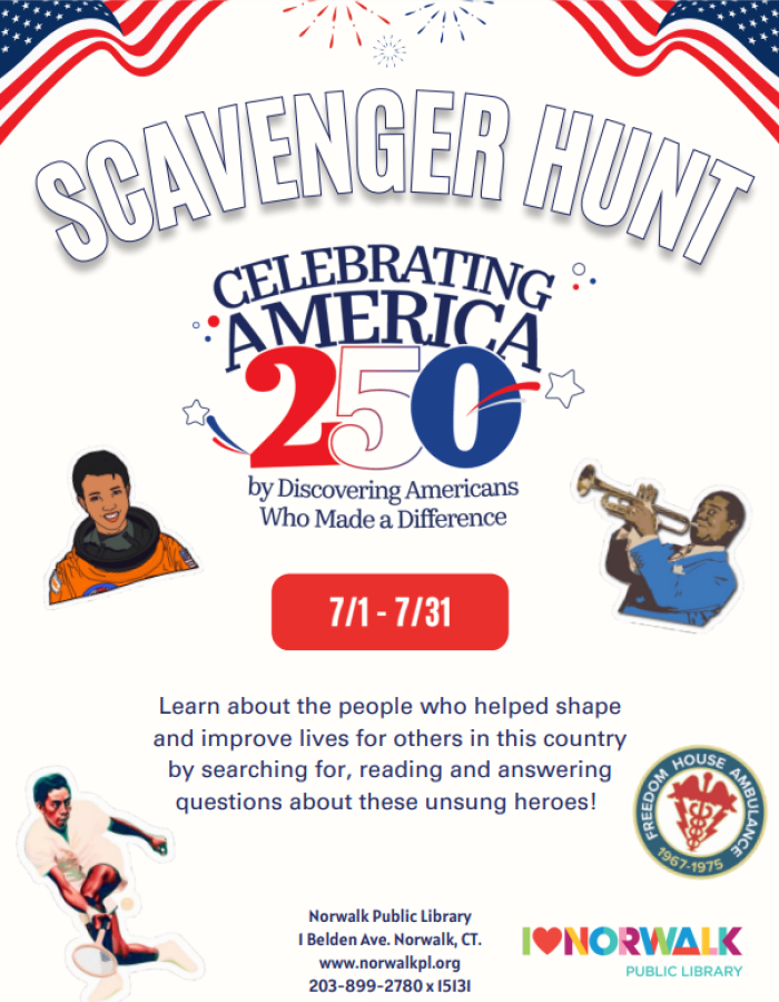 A flyer promoting Norwalk Public Library's Children's Department's America 250 themed Scavenger Hunt during July & August '26
