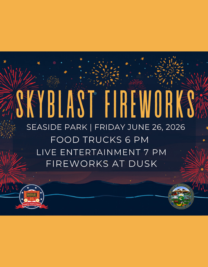 Night sky with fireworks in the background, stating Skyblast Fireworks, seaside park, Friday June 26, 2026. Food Trucks 6PM, Live Entertainment 7PM Fireworks at dusk. 