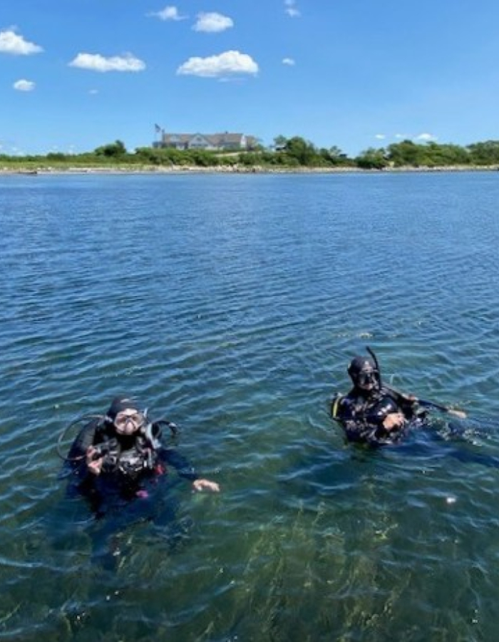 Two scuba divers floating in the water during an Eelgrass Tour at Fishers Island, with shoreline and blue sky in the background.