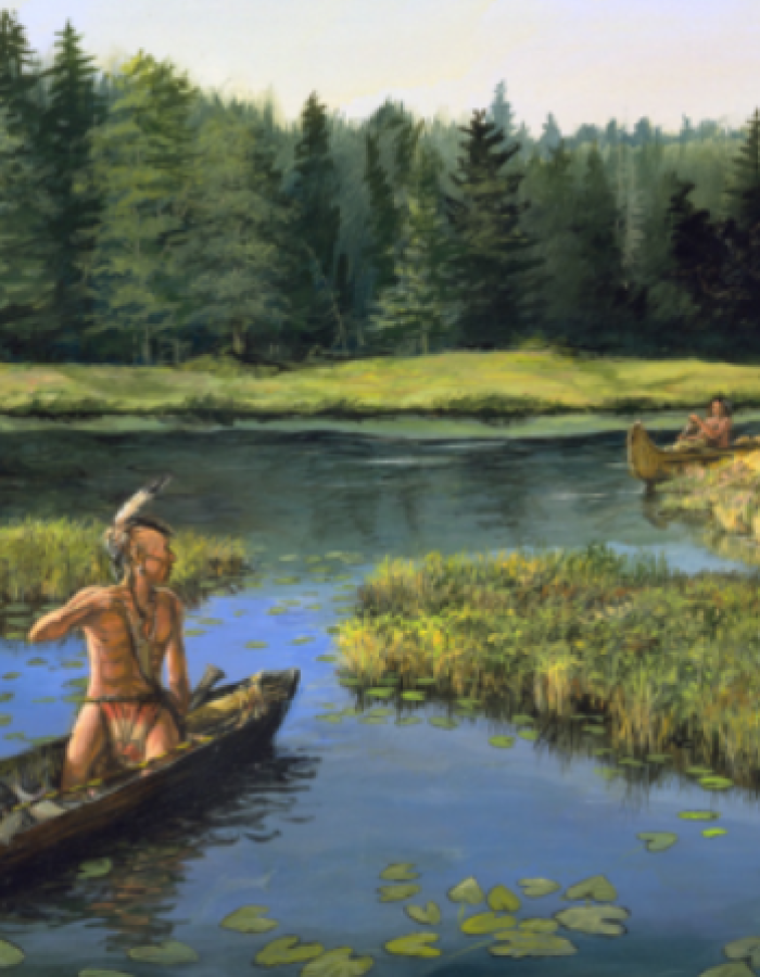 Illustration of Mohegan people paddling canoes