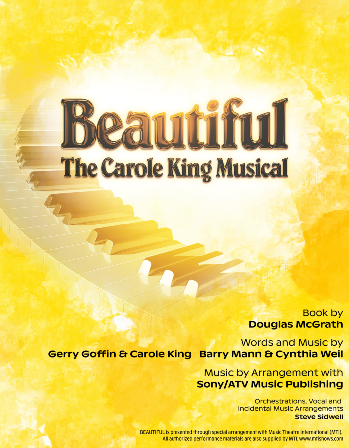 A black and yellow poster with piano keys and the name Beautiful: The Carole King Musical