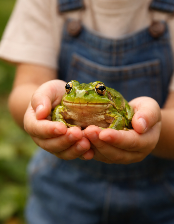 A child holding a green frog in their hands