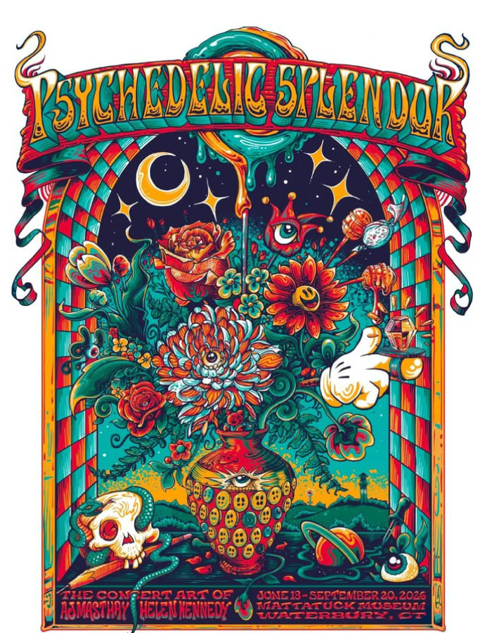 psychedelic splendor concert art by aj masthay and helen kennedy of zazzcorp on view at the mattatuck museum