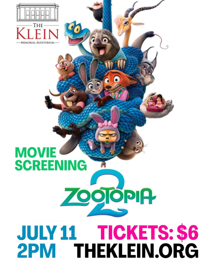 Flyer for Zootopia 2 Movie Screening at The Klein showing cartoon animals