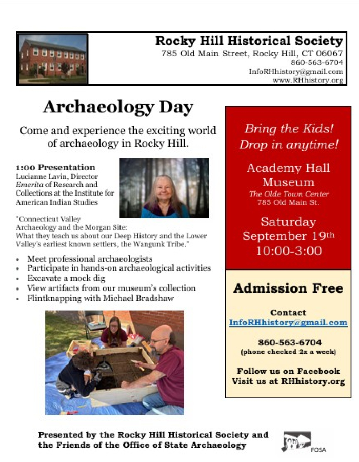 Flyer for Archaeology Day, including schedule and location, with image of speaker and child digging in a mick dig box.