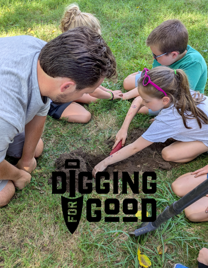 Digging for Good logo over an image of people metal detecting