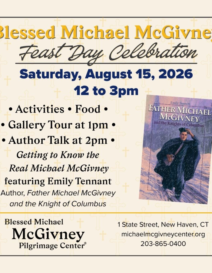 Promotional graphic advertising the Blessed Michael McGivney Celebration on Saturday, August 15, 2026.