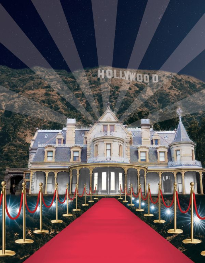An image of the Lockwood-Mathews Mansion Museum with a red carpet and Hollywood sign.