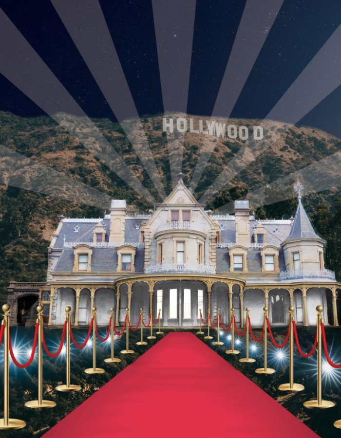 An image of the Lockwood-Mathews Mansion Museum with a red carpet and Hollywood sign.