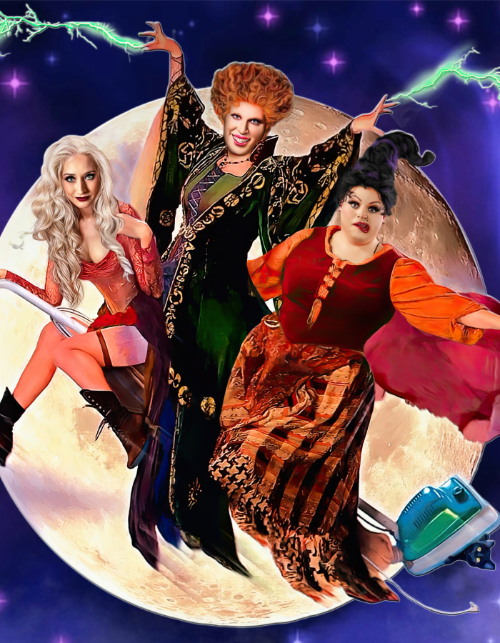 Three costumed witches pose dramatically in front of a large full moon